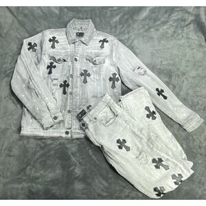 Waimea Denim Suit Men Large Jacket 36x30 Cross Distressed Grey Paint Thrashed